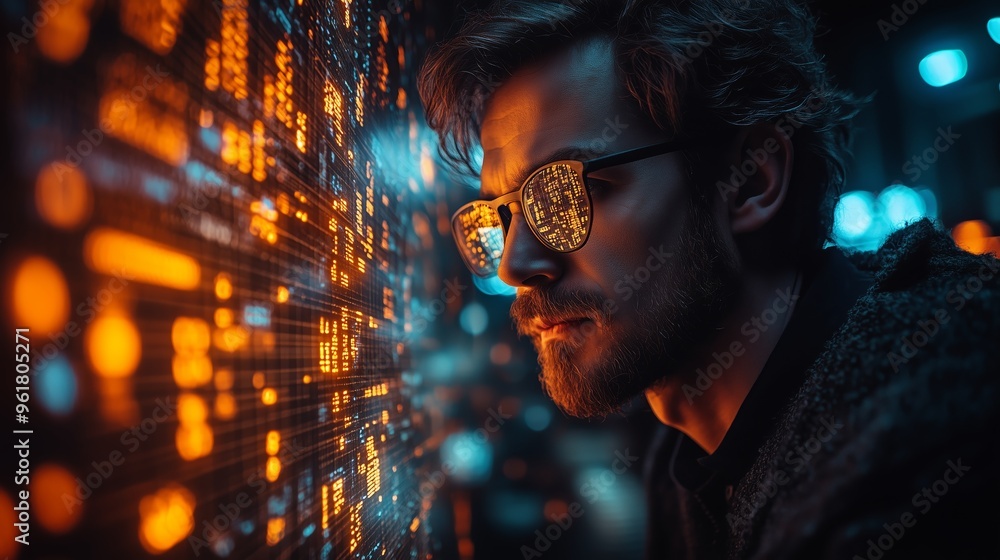 Poster young man examining glowing digital data on a display while wearing reflective glasses in a modern t