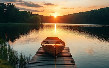 Fototapeta premium Serene Sunset on Lake - Wooden Pier with Rowboat in Warm Evening Light, Peaceful Relaxation on Waterfront