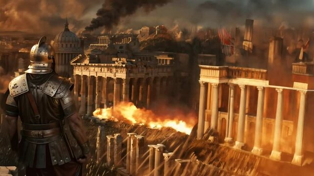 Roman soldier observes city ablaze from hilltop. Vast army assembles below as iconic structures burn. Dramatic sunset for a widespread destruction across ancient metropolis. Downfall of a civilization