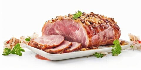 piece pork with herbs on white background