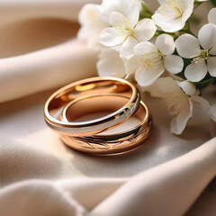  Close-up of elegant wedding rings on beige fabric with white flowers, creating a romantic a_1(424)