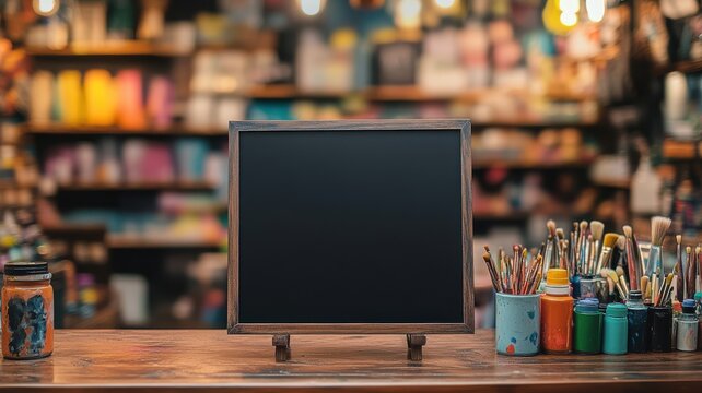 Arts and crafts store scene with a black sandwich board, lively shelves filled with paints, brushes, and craft tools. Empty sandwich board