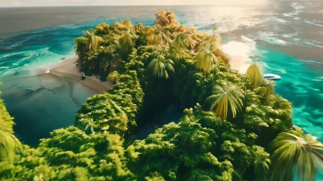 Tropical tax haven: Aerial view of dollar-shaped island. Lush vegetation and turquoise waters conceal offshore financial dealings. Paradise for the wealthy, haven for tax evasion