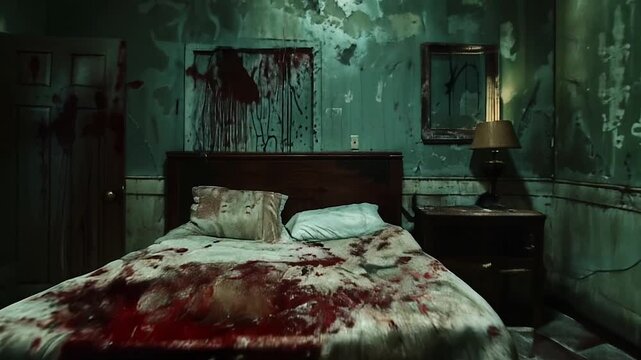 True crime scene of a bedroom with blood stained bed, peeling walls, and ominous atmosphere. Dimly lit, decaying room suggests violent murder with unsettling horror ambiance and a cinematic zoom in