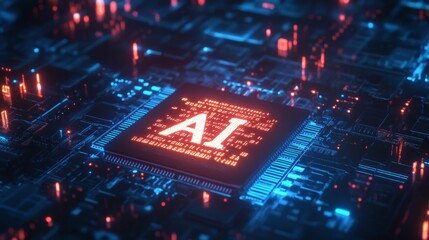 Obraz premium Futuristic circuit board with glowing ai chip in a high-tech environment