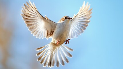 Fototapeta premium Dynamic close-up of a bird in flight, with sunlight highlighting its feathers and a clear blue sky in the background, capturing the bird agility.