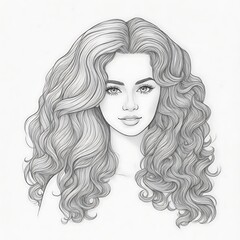 Hand drawn portrait of beautiful young girl sketch with long wavy hair, fashion illustration, beauty concept, feminine artistic sketch for design, graphic pencil drawing for beautiful woman sketch