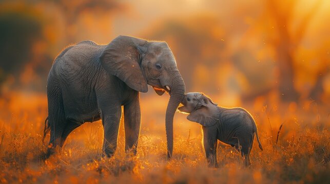 An intimate image of a mother and baby elephant interacting in the wild, with a serene background and plenty of copy space for wildlife family dynamics and photography tips.