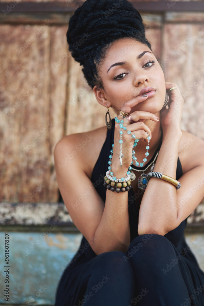 Poster Braids, outdoor or portrait of woman with rosary beads, bracelet or bangles by space in urban town. Spiritual jewelery, necklace accessory or confident Christian girl with pride or culture in Jamaica