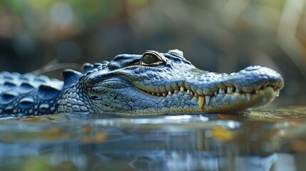 Fototapeta premium A dramatic close-up of a crocodile in its natural river habitat, showcasing its powerful jaws and textured skin, with a clean background and plenty of copy space for wildlife photography highlights.
