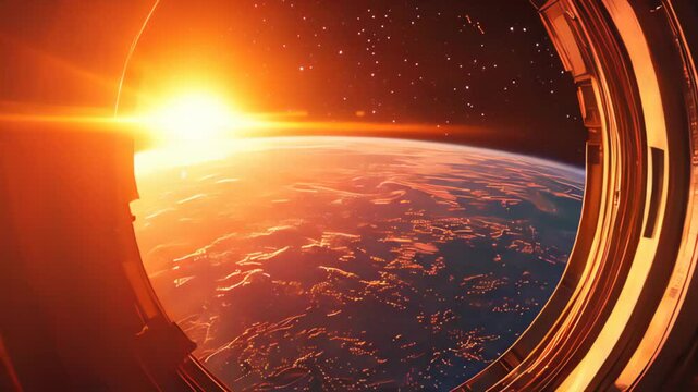 View of the Earth from Space with a Glowing Sunrise Through a Spacecraft Window