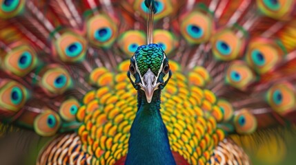 Obraz premium A close-up of a beautiful peacock displaying its vibrant tail feathers, with a clean background and plenty of copy space for information about bird species and photography tips.