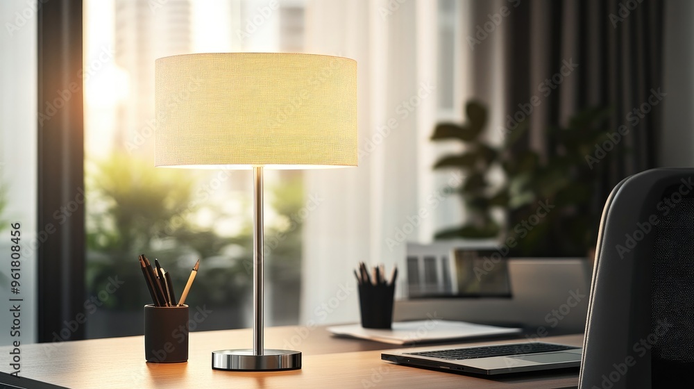 Poster elegant modern table lamp with a sleek metallic base and a soft fabric shade, set on a contemporary 