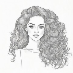 Hand drawn portrait of beautiful young girl sketch with long wavy hair, fashion illustration, beauty concept, feminine artistic sketch for design, graphic pencil drawing for beautiful woman sketch