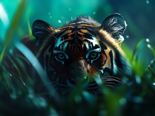 A majestic tiger prowls through vibrant green foliage, showcasing its striking features and fierce gaze in a captivating natural setting.