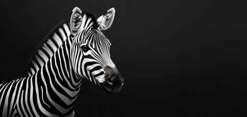 Fototapeta premium A stunning close-up of a zebra showcasing its unique black and white stripes against a dark background.