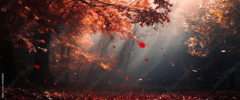 Poster forest with leaves falling from the trees