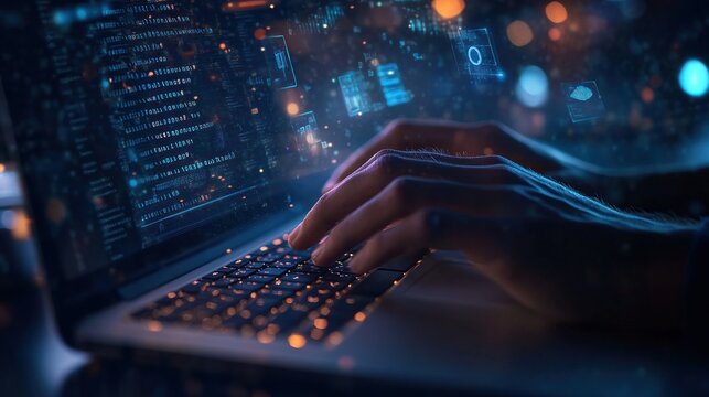 Portrait hand of software engineer working on laptop with circuit board. AI generated