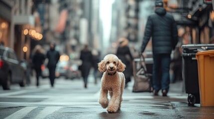 A playful dog runs through a busy city street filled with pedestrians.