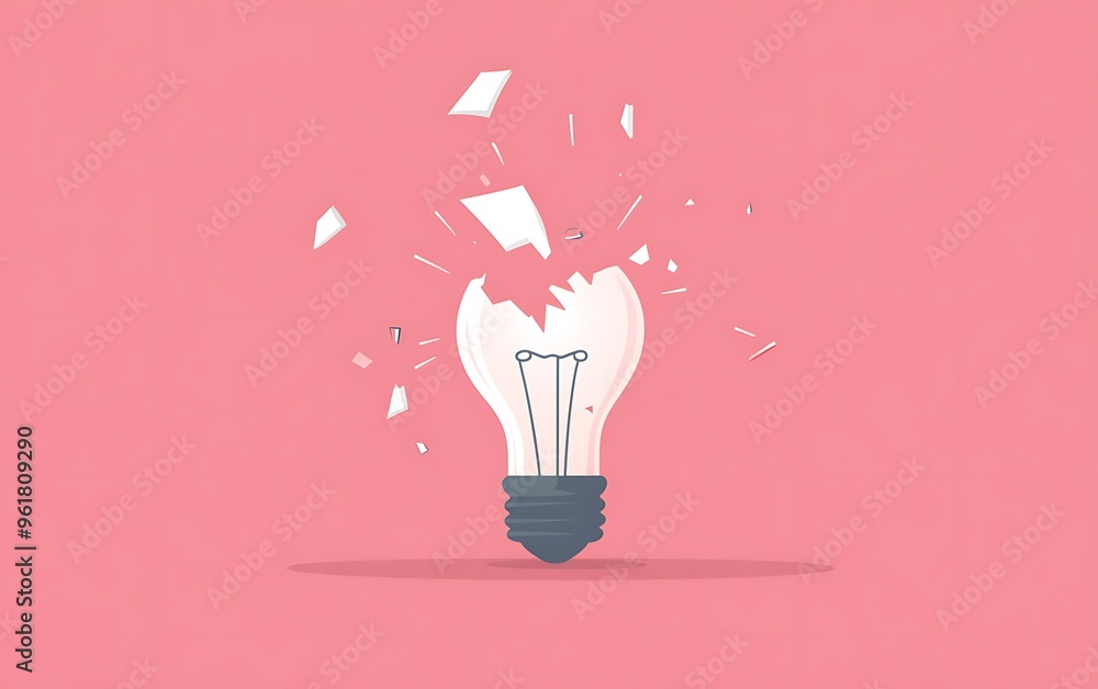 Sticker sparkling broken light bulb - cute minimalistic flat design vector illustration with sparks and piec