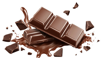 Chocolate Delight: Melting Bar with Splashes and Pieces Isolated in High-Res PNG