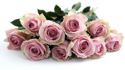 Elegant pink roses arranged in a bouquet, with their rich, pastel hues and fine petals displayed against a clean, white background.