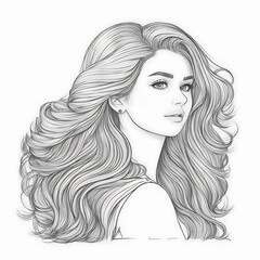 Hand drawn portrait of beautiful young girl sketch with long wavy hair, fashion illustration, beauty concept, feminine artistic sketch for design, graphic pencil drawing for beautiful woman sketch