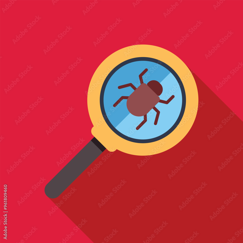 Poster magnifying glass is focusing on a computer bug, representing the concept of detecting and identifyin