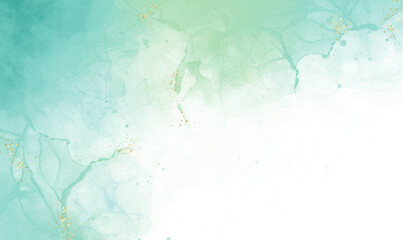 Abstract bule and green blush liquid watercolor background with golden lines, dots and stains. Pastel marble alcohol ink drawing effect. watercolour texture for cards, Brushstrokes and splashes.	