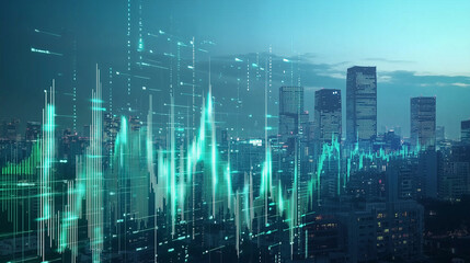 Fototapeta premium AFY Crew Success Story: Rising Stock Market Graph with Digital Data and Urban Skyline