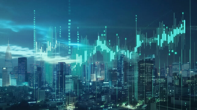 Futuristic AI Growth: AFY Crew Business Chart with Green Lines and Cityscape