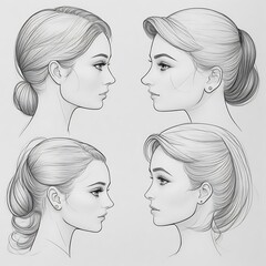 Hand drawn portrait of beautiful young girls sketch with long wavy hair, fashion illustration, beauty concept, feminine artistic sketch for design, graphic pencil drawing for young girls sketch 