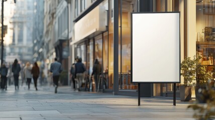 Blank sandwich board on a busy city street, placed outside a cafe with pedestrians enjoying a sunny day and reflections in the large windows. Empty sandwich board