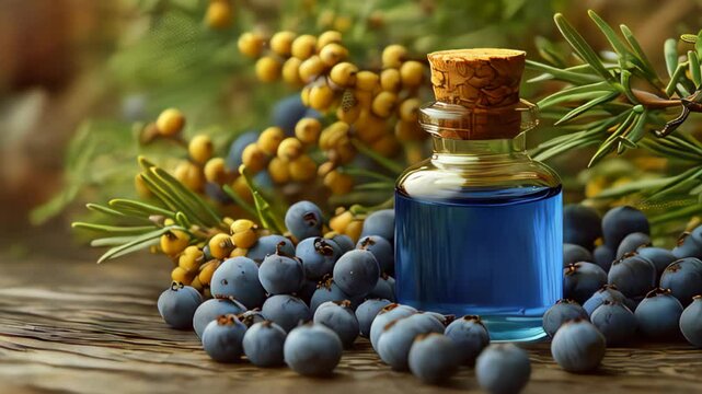 Natural Essential Oil Bottle Surrounded by Juniper Berries and Fresh Herbs