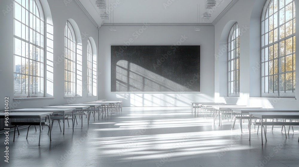 Poster empty classroom with sunlight streaming through windows