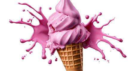 Playful Pink Ice Cream Splashing from Waffle Cone in High-Resolution