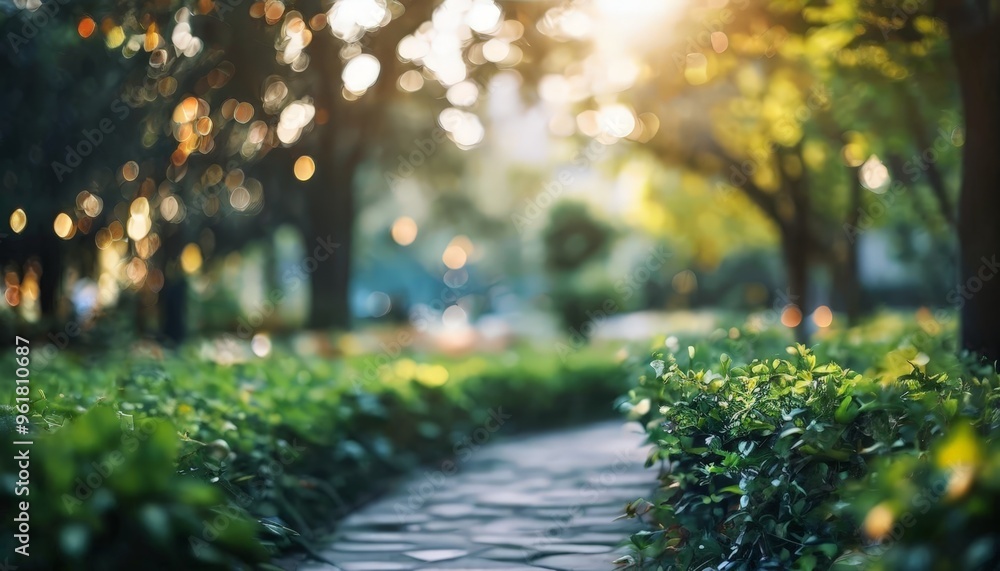 Poster path through park with trees and bushes