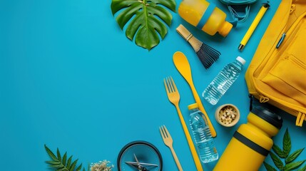A vibrant image of a traveler packing eco-friendly items, such as reusable water bottles and bamboo utensils, with a clean background and plenty of copy space for packing tips and sustainable travel
