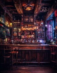 bar with wooden counter and stool