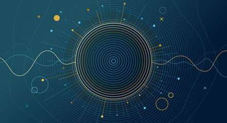 Abstract, minimal, wire, outline shapes of the solar system, sun and planets, galaxy space universe decoration background view, desktop wallpaper, illustration, stars in outer space, vibrating waves