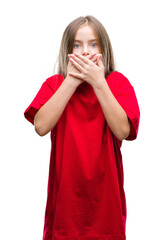 Young beautiful girl over isolated background shocked covering mouth with hands for mistake. Secret...