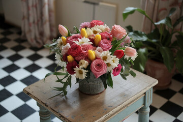 Obraz premium Elegant Flower Bouquet Arranged on Rustic Wooden Table, Showcasing Natural Beauty