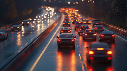 Nighttime traffic scene with glowing headlights reflecting on wet pavement, creating a captivating urban atmosphere.