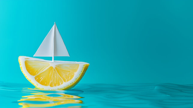 Sailing boat made of a lemon slice and paper on a turquoise background with copy space for text, a banner design. Summer concept. Minimalist style.