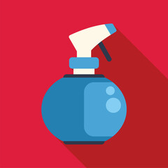 Blue spray bottle for cleaning and disinfecting with long shadow on red background, flat design icon