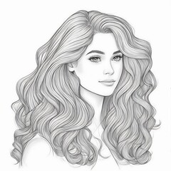 Hand drawn portrait of beautiful young girl sketch with long wavy hair, fashion illustration, beauty concept, feminine artistic sketch for design, graphic pencil drawing for beautiful woman sketch