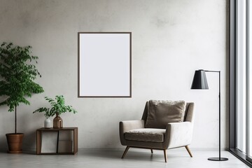 Realistic interior mock-up featuring a blank frame and green plant beside a sofa. This template emphasizes simplicity and coziness, ideal for showcasing artwork or interior design in a comfortable