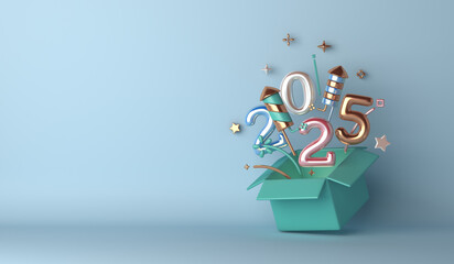 Happy new year 2025 decoration background with opened gift box, balloon number, firework rocket, copy space text, 3D rendering illustration