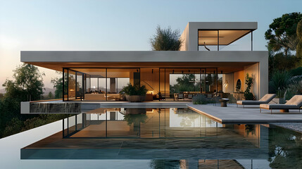 Fototapeta premium Modern House with Infinity Pool and Lush Greenery - 3D Illustration