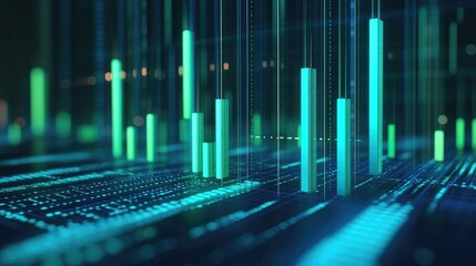 Floating 3D bar graph over a digital grid background, with bars in blue and green shades, representing market growth and statistics.